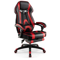 a black and red office chair with wheels on it's backrest, sitting in front of a white background