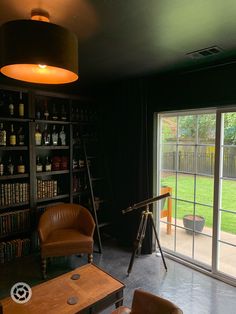 a living room filled with furniture next to a large glass door leading to a back yard