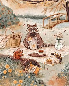 a painting of a raccoon sitting at a picnic table with food and flowers