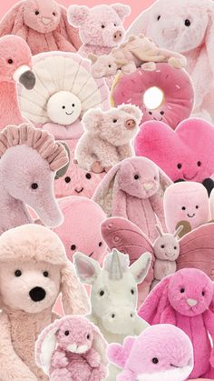 there are many different stuffed animals in this collage with pinks and white colors