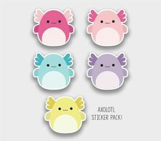 four cute stickers with different colors and shapes on them, one is pink, the other is blue