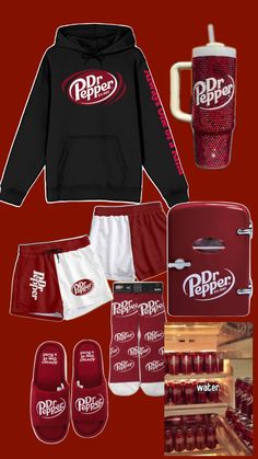 a red and black hoodie, sweatpants, coffee mug, slippers, and other items are arranged on a red background