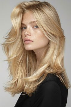 Warm Light Blonde Hair, Long Blonde Blowout Hair, Long Blonde Blowout, Blonde Blowout Aesthetic, Warm Golden Blonde Hair, Long Wavy Golden Blonde Hair, Blond Beige, Champagne Blonde Hair, Sandy Blonde Hair