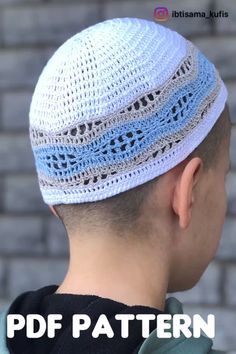 the back of a man's head wearing a knitted hat with blue and white stripes