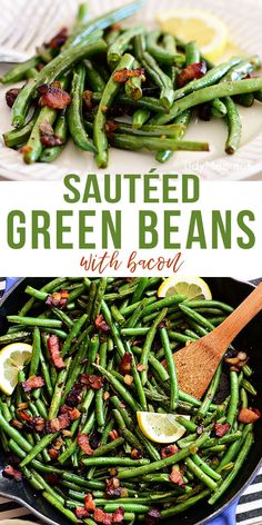 cooked green beans with bacon in a skillet and on a plate next to a wooden spoon