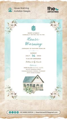 a wedding card with an image of a house and flowers on the front, in blue tones