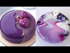 two cakes decorated with purple and white frosting, one has flowers on the top