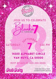 a pink birthday party flyer with a silhouette of a woman's head on it