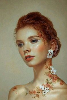 a painting of a woman with red hair and flowers on her neck, wearing earrings