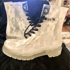 Workshop G-Six Ginny White Lace Translucent Rainboot Size 6.5. Very Bold And Trendy! Tip: Boot Lace Can Be Changed Out To Different Colors And Also Can Match Socks! Make It Fun! If Any Questions Please Let Me Know. Ty For Visiting My Closet. White High Heel Boots With Laces, Trendy White Waterproof Boots, White Waterproof Boots, White Waterproof Lace-up Boots, White Ankle Boots With Laces, Lace Boots, Me Too Shoes, White Lace, Rain Boots