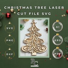 christmas tree laser cut file svg with ornaments and baubles on green background