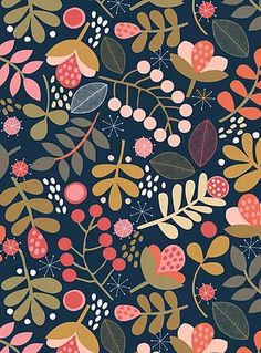 a floral pattern with leaves and berries on a dark blue background, suitable for wallpaper or fabric