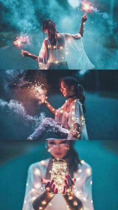 two different images with the same woman holding sparklers