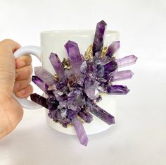 White and Purple Amethyst Crystal Ceramic Mug with Gold Handle - Set of 2 - MAIA HOMES Big Coffee, Crystal Design, Gold Handles, Agate Crystal, Purple Crystals, Cold Beverages, Amethyst Crystal, Silver Rose Gold, Handmade Ceramic