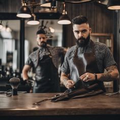 A photo of a male bartender wearing a stylish and functional leather apron. The bartender has a positive and confident expression, showcasing the apron's craftsmanship and suitability for bartending tasks. Handcrafted Leather