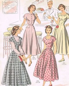 40s Mode, Vintage Fashion Sketches, Vintage Clothes Patterns, Spring Fashions, Vintage Dress Patterns, 1950s Style, 40s Fashion, Retro Mode, 1940s Fashion