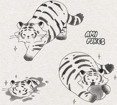 two drawings of tigers and a tiger laying on the ground