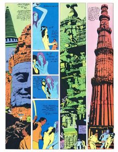 an image of a comic book page with different scenes and words on the pages, including a tower