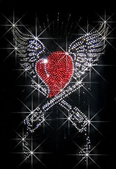 a red heart with two crossed swords and stars in the background, on a black background