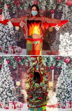 a woman wearing a face mask standing in front of a christmas tree