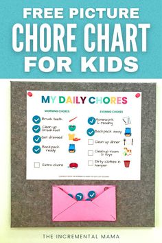 the free picture chore chart for kids is shown with an envelope and clipboard