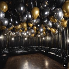 a room filled with lots of balloons floating from the ceiling and black leather couches