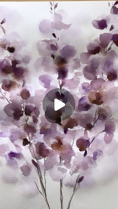 a painting of purple flowers on a white background with a black circle in the middle