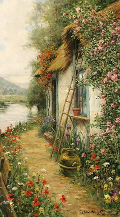 an oil painting of a cottage with flowers growing on the side and a ladder leaning against it