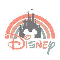 the logo for disney is shown in front of an orange and gray castle with a rainbow