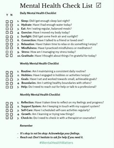 This simple mental health checklist ensures you care for yourself daily, weekly, and monthly. Check your sleep, hydration, eating, exercise, sunlight, social connections, relaxation, mindfulness, stress, and gratitude daily. Weekly, focus on routines, hobbies, goals, boundaries, and seeking help. Monthly, reflect on progress, maintain support systems, schedule self-care, learn new things, and check in with a therapist if needed. Daily Weekly Monthly Self Care Routine, Things To Do Daily Weekly Monthly, Daily Routine Schedule Mental Health, Daily Mental Check In, Daily Weekly Monthly Routine, Daily Check In For Mental Health, Healing Checklist, Daily Check In, Mental Health Check In