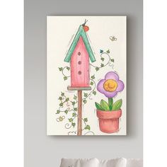 a watercolor painting of a birdhouse and flower in a pot on the wall