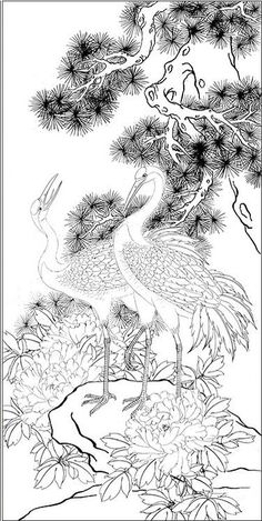 a black and white drawing of two birds standing in the grass next to pine trees