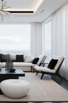 a modern living room with black and white furniture