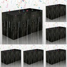 several images of a black box with confetti and streamers all over it