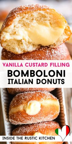 a pile of doughnuts with vanilla custard on top