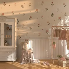 a child's room with flowers painted on the wall