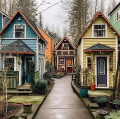 many colorful houses are lined up on the street in front of trees and bushes, with one door open