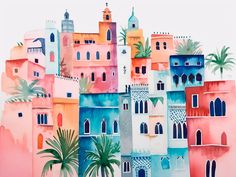 a painting of colorful buildings with palm trees