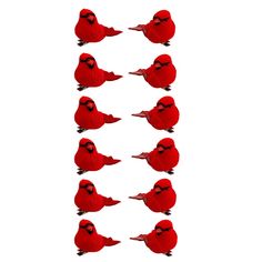 a group of red birds sitting on top of each other in front of a white background