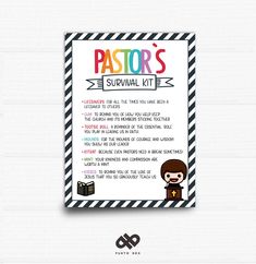 the pastor's survival kit is shown in black and white stripes, with a cartoon character