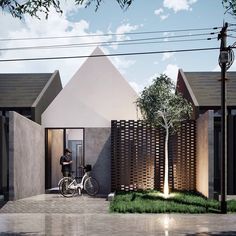 an artist's rendering of a house with a bicycle parked in front of it