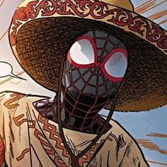 a man wearing a straw hat and spider - man mask