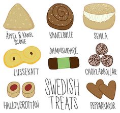 an illustrated poster with different types of sweets and their names in english, swedish, german,