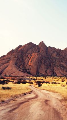 a dirt road in the middle of a desert with large rocks on both sides and yellow grass around it