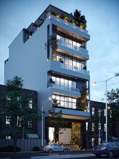 an artist's rendering of a modern apartment building with plants growing on the balconies