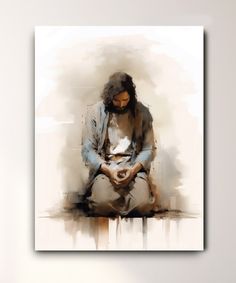 a painting of a person sitting down with their hands together