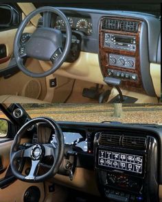 the inside and outside of a car with dashboard controls