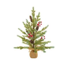 a small christmas tree with red berries and pine cones