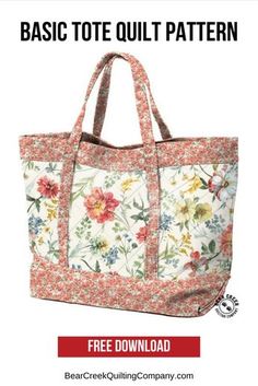 an image of a flowered bag with the text basic tote quilt pattern on it