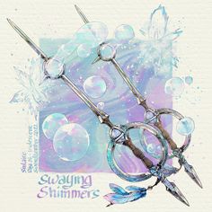 an artistic painting of scissors and bubbles on a white background with the words squirting shimmers written below it